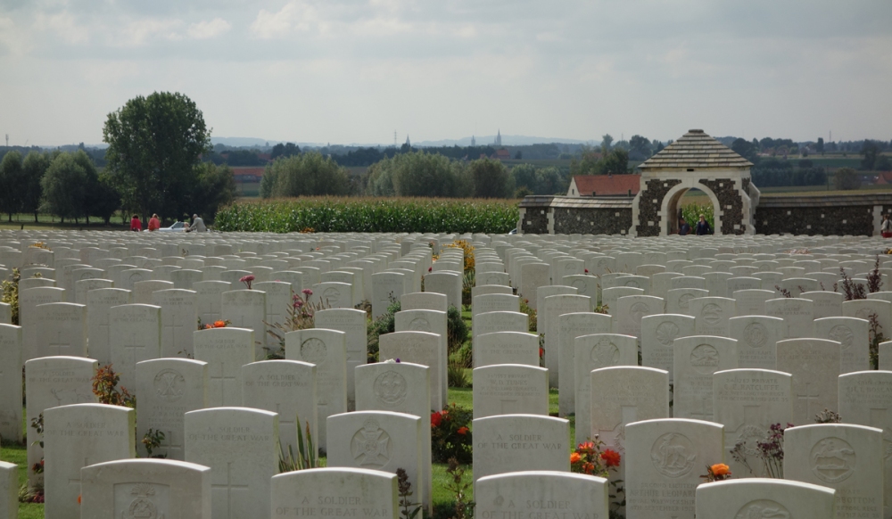 Tyne Cot:  Ieper is the two tall spires in the distance